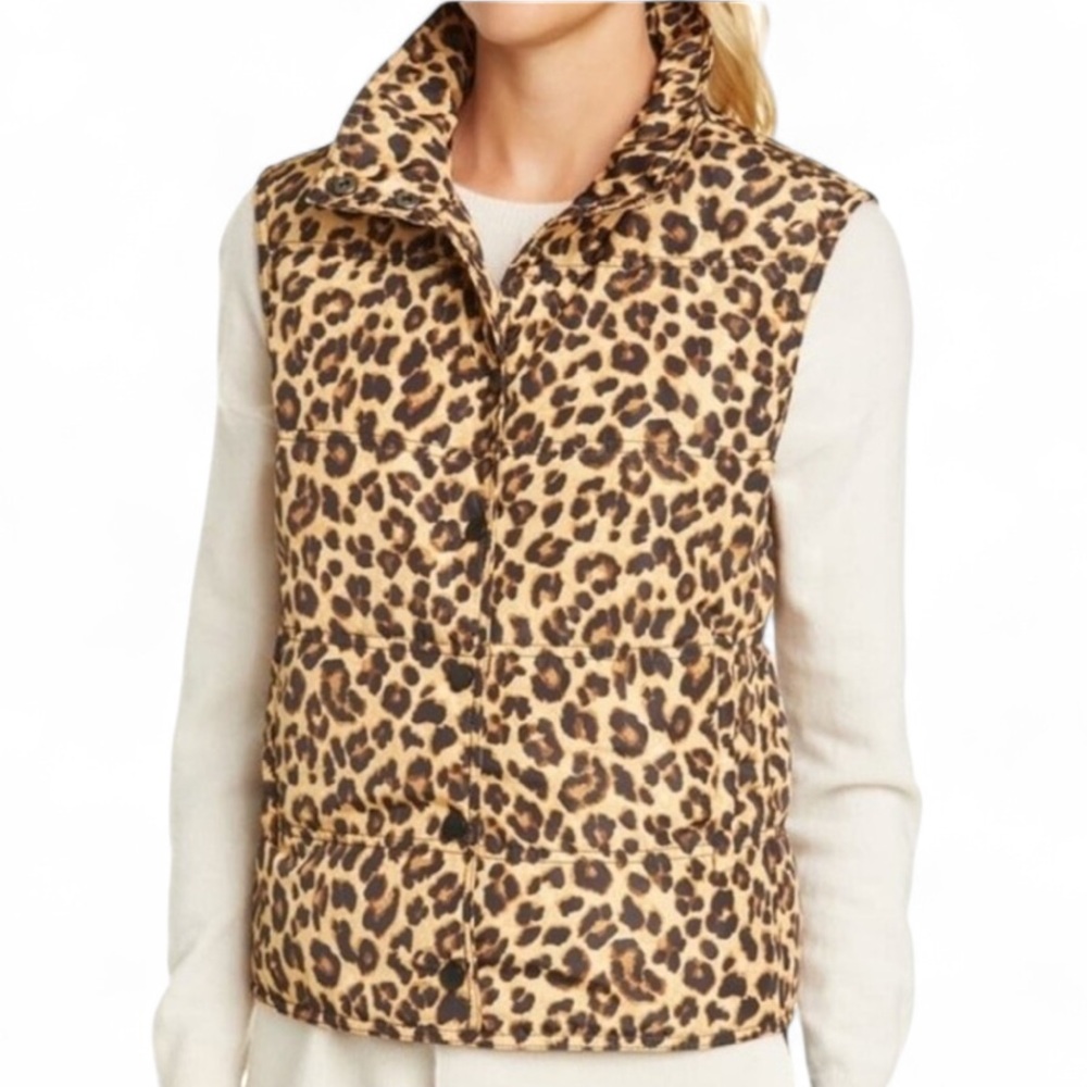 Veronica Beard Snap Front Puffer Vest Brown Leopard
